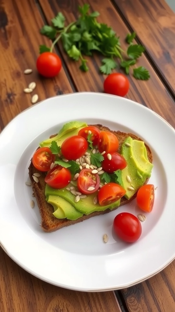Avocado toast with cherry tomatoes and seeds on a rustic table.